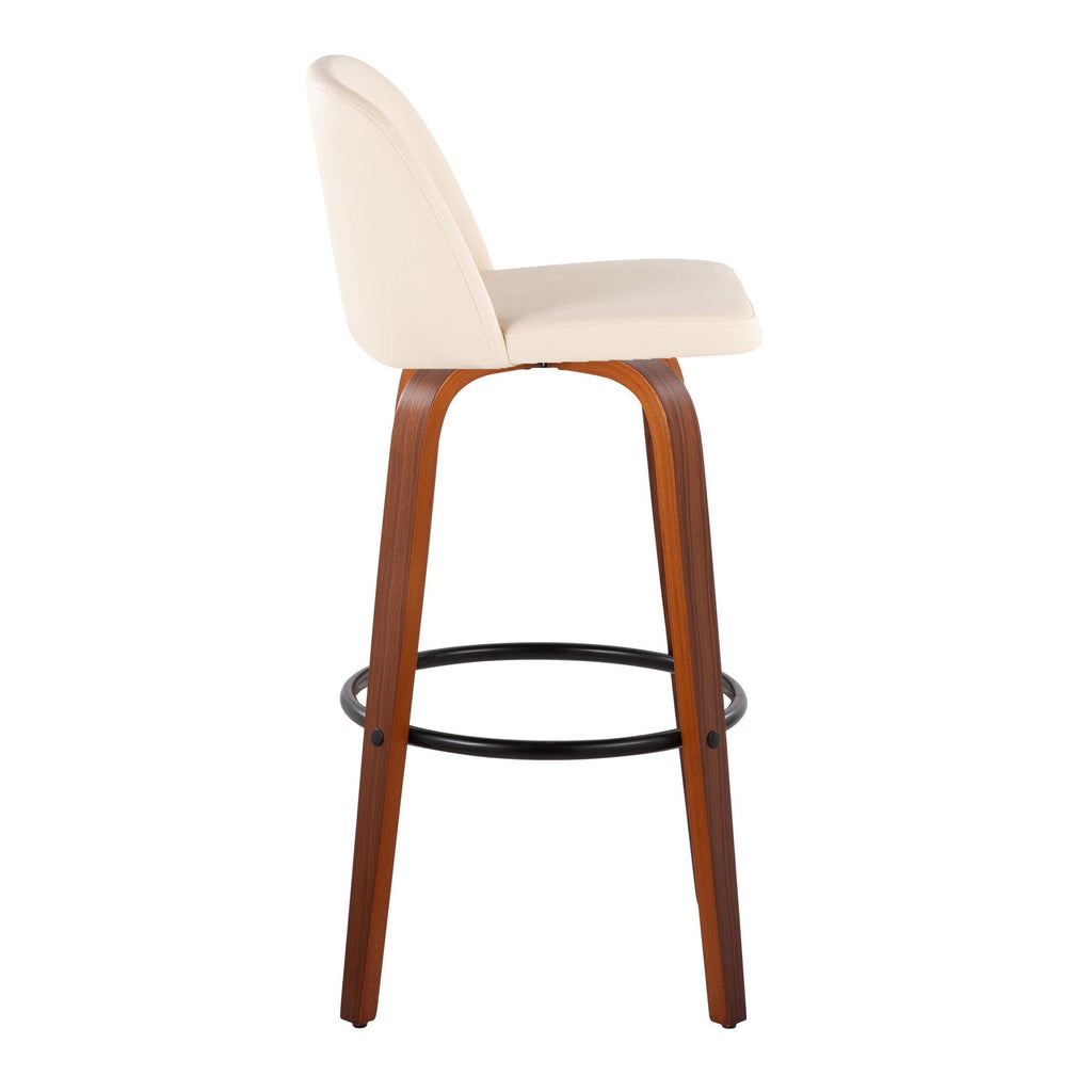30" Mid-Century Modern Swivel Barstool in Walnut Wood and Cream Faux Leather with Round Black Metal Footrest - Set of 2 K872