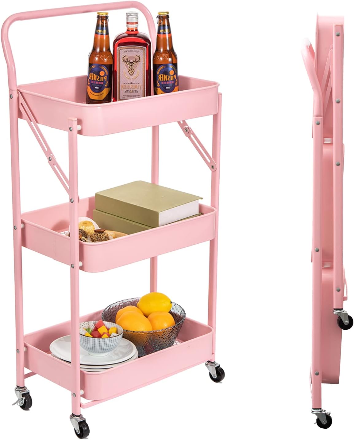 Pink 3 Tier Rolling Storage Cart with Wheels D3528