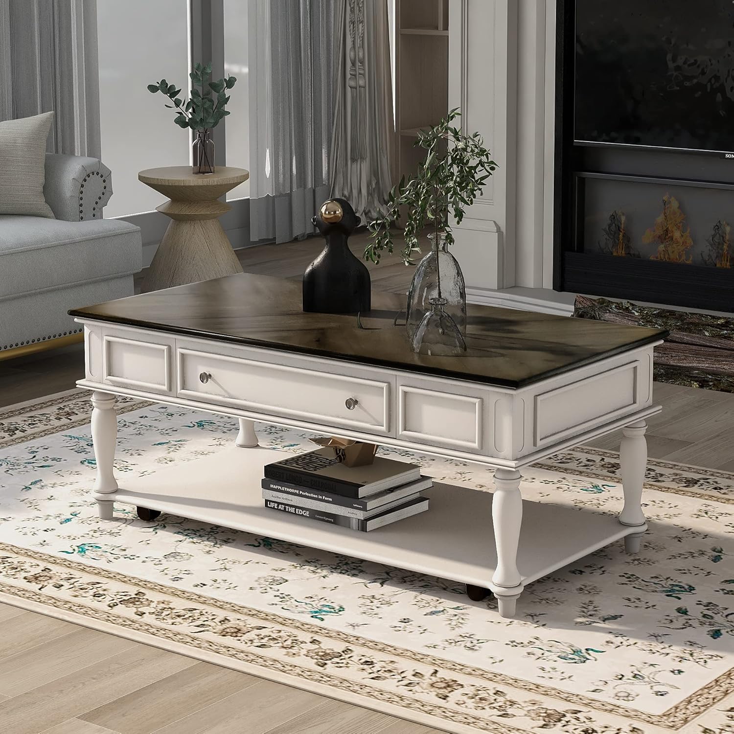 Retro Cocktail Table Coffee, Solid Wood Coffee Table with Caster Wheels and Drawer, 1 Shelf, Wood Movable Rectangle Coffee Table Y5992