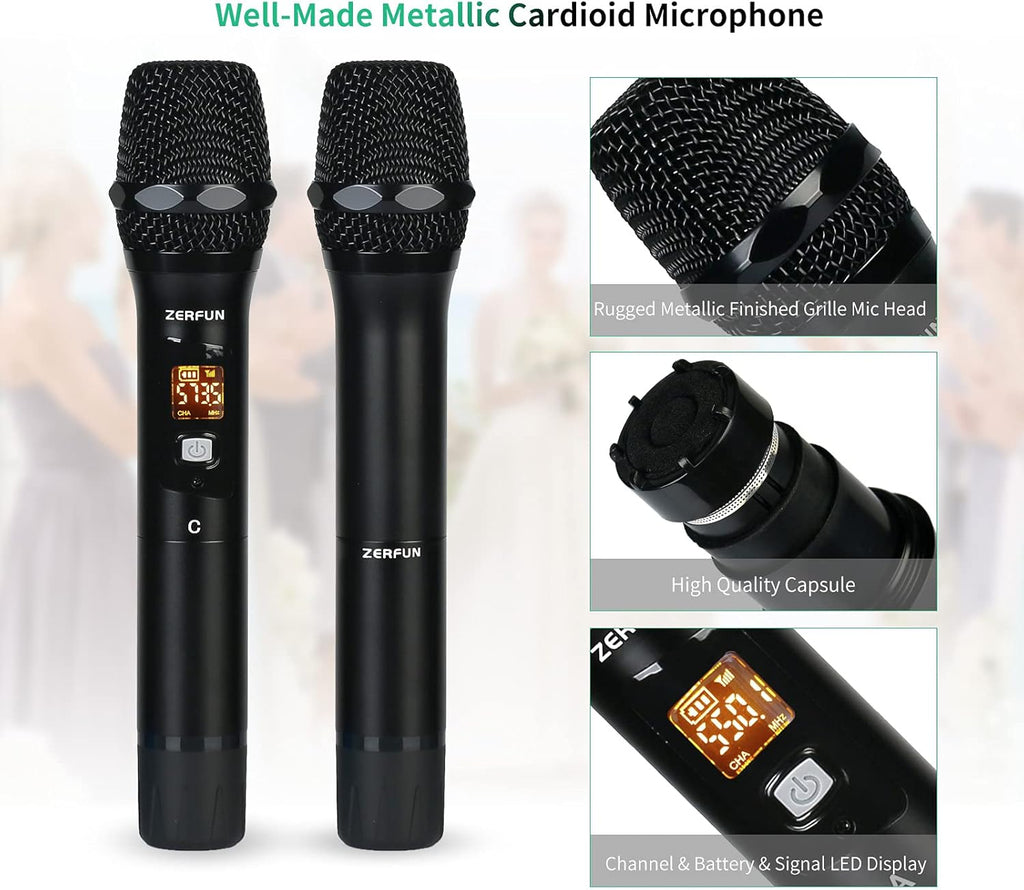 4-Channel UHF Wireless Microphone System with XLR 1/4 1/8 Output, All Metal Handheld Karaoke Cordless Microphones L80798