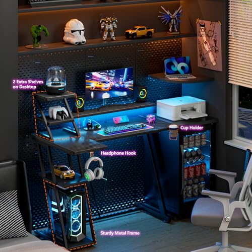 L Shaped Gaming Desk with LED Lights & Power Outlet, 47 Inch Computer Desk with Extra Storage Shelves, Reversible Gamer Workstations with Monitor Stand, Carbon Fiber Black Q395
