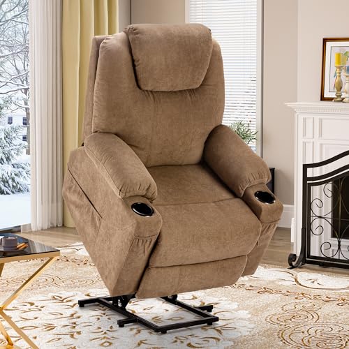 Light Brown Fabric Power Lift Recliner Chair with Heat and Massage K1212