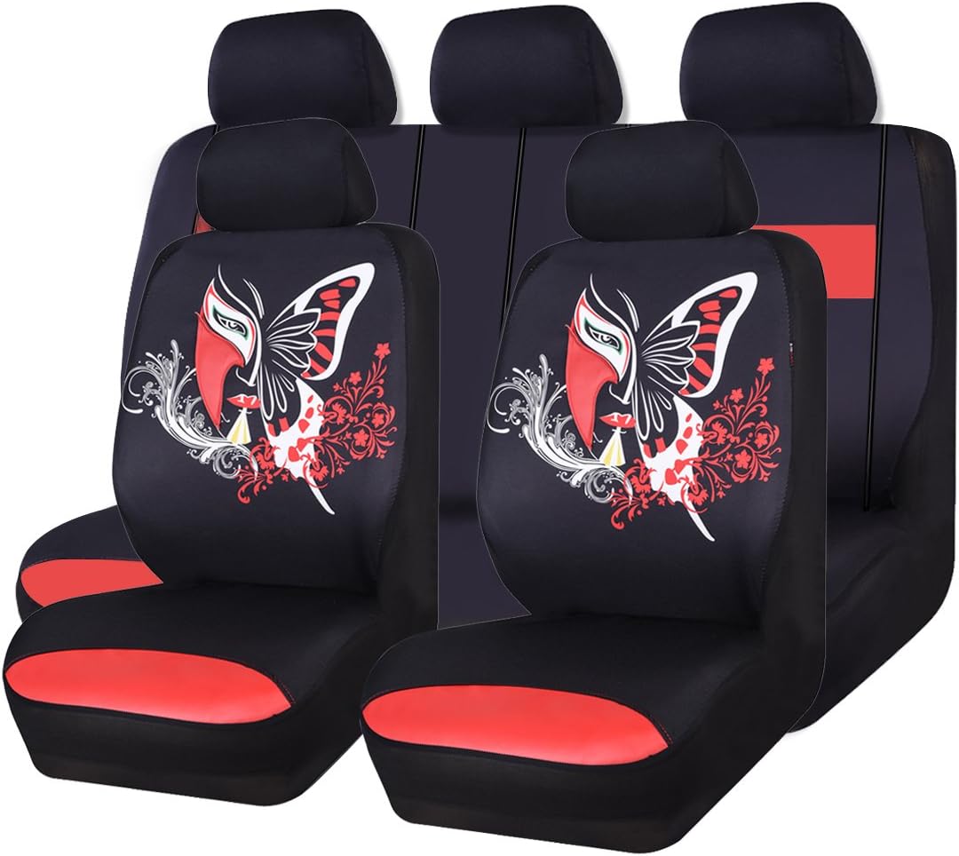 11PCS Universal Fit Car Seat Covers Set (Black with Pink) J306