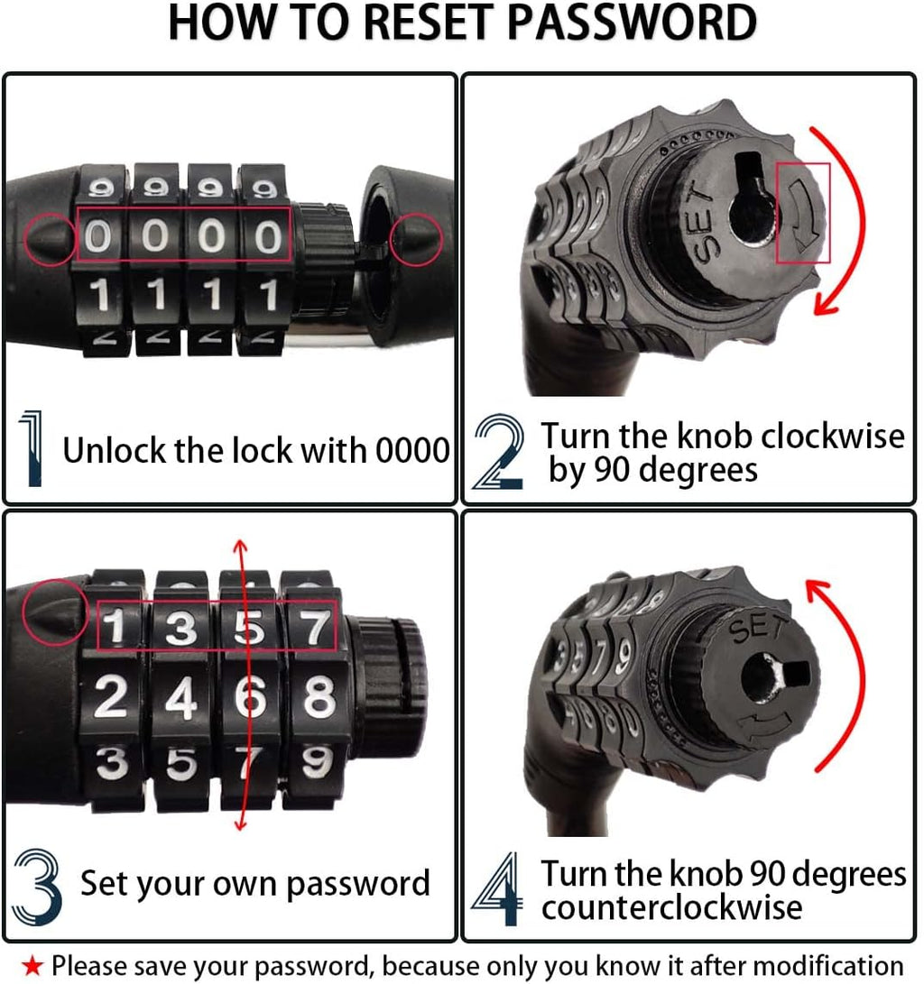 4 Digit 3 Feet Long Resettable Cable Bike Lock P7972