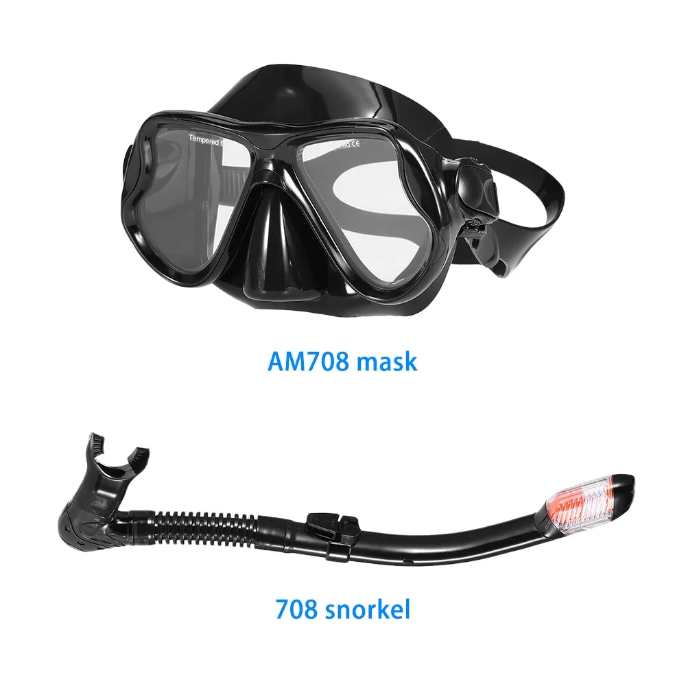 Freediving Snorkel Set with Tempered Glass Lens Goggles H730422
