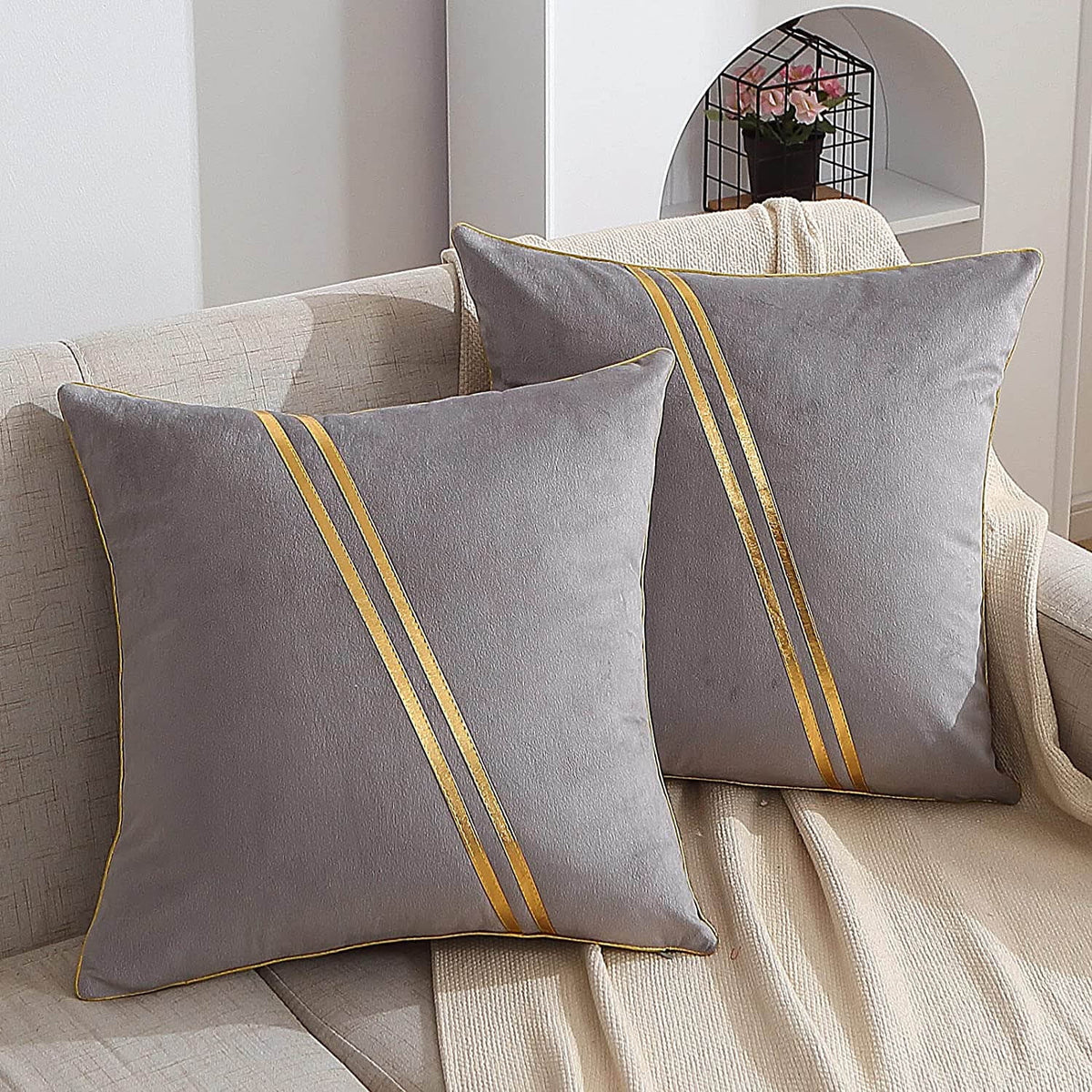 Set of 2 Gold Velvet Throw Pillow Covers with Leather, 20 x 20 in E3953