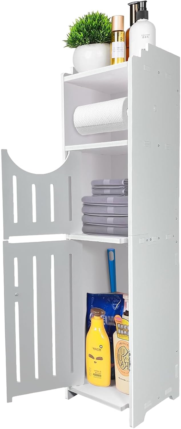 White Narrow Bathroom Storage Cabinet with Toilet Paper Holder T352