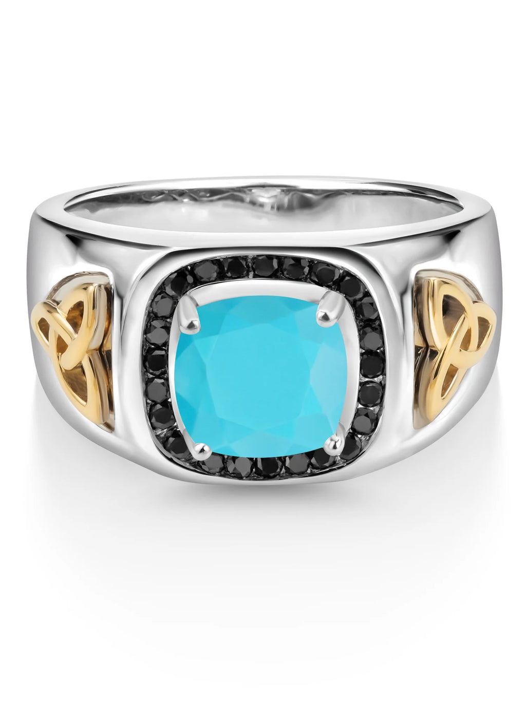 925 Sterling Silver 10K Yellow Gold Green Turquoise Black Diamond Ring F10602