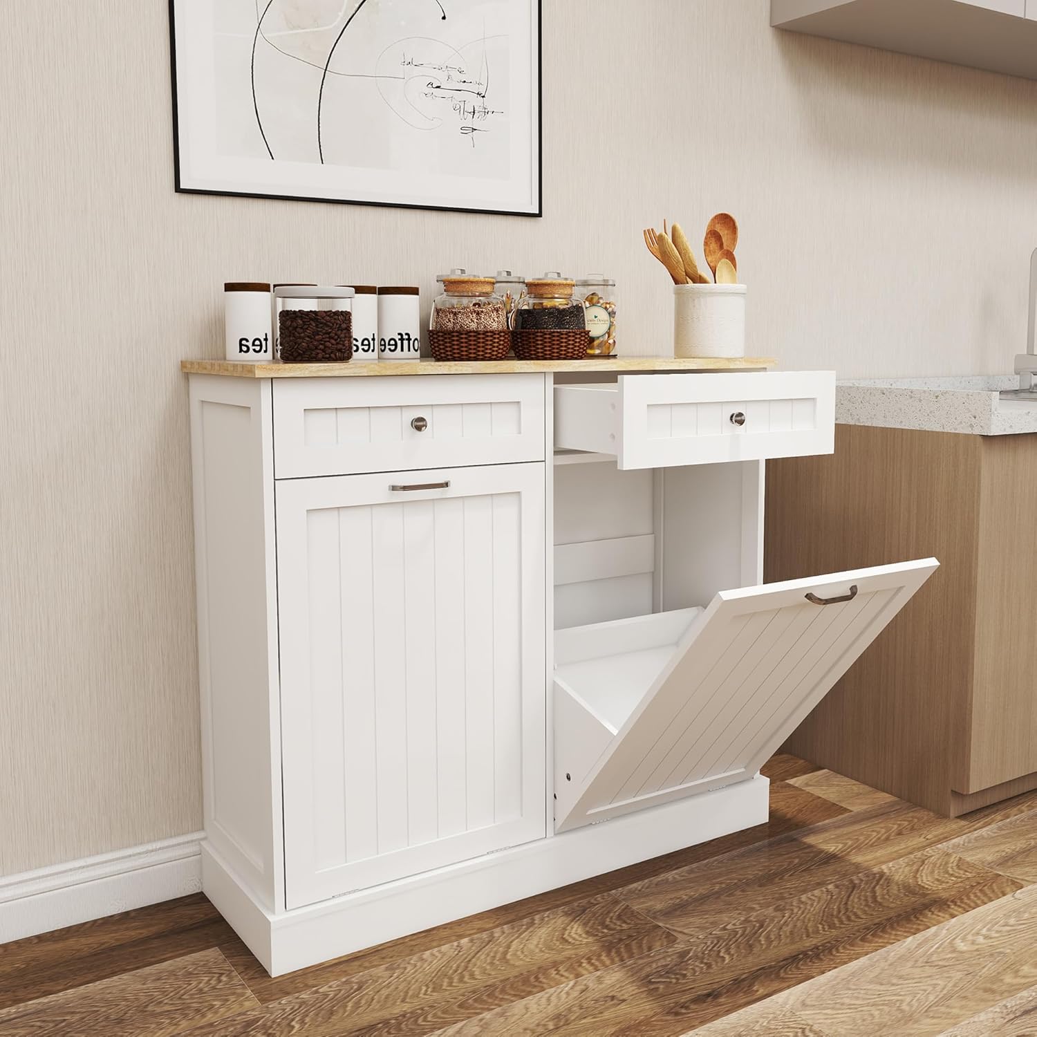 Double Tilt Out Trash Cabinet with Wood Tabletop K7466