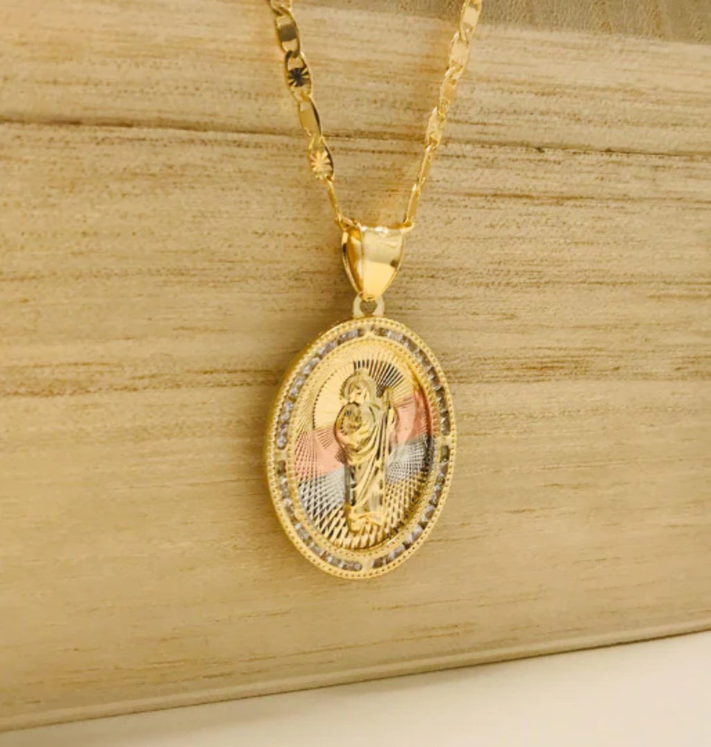 14K Gold Filled San Judas Necklace Tri-Color with CZ Stones 20" 28x20mm N739