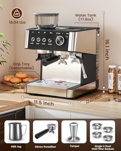 20 Bar Espresso Coffee Machine with Grinder and Milk Frother Steam Wand P691