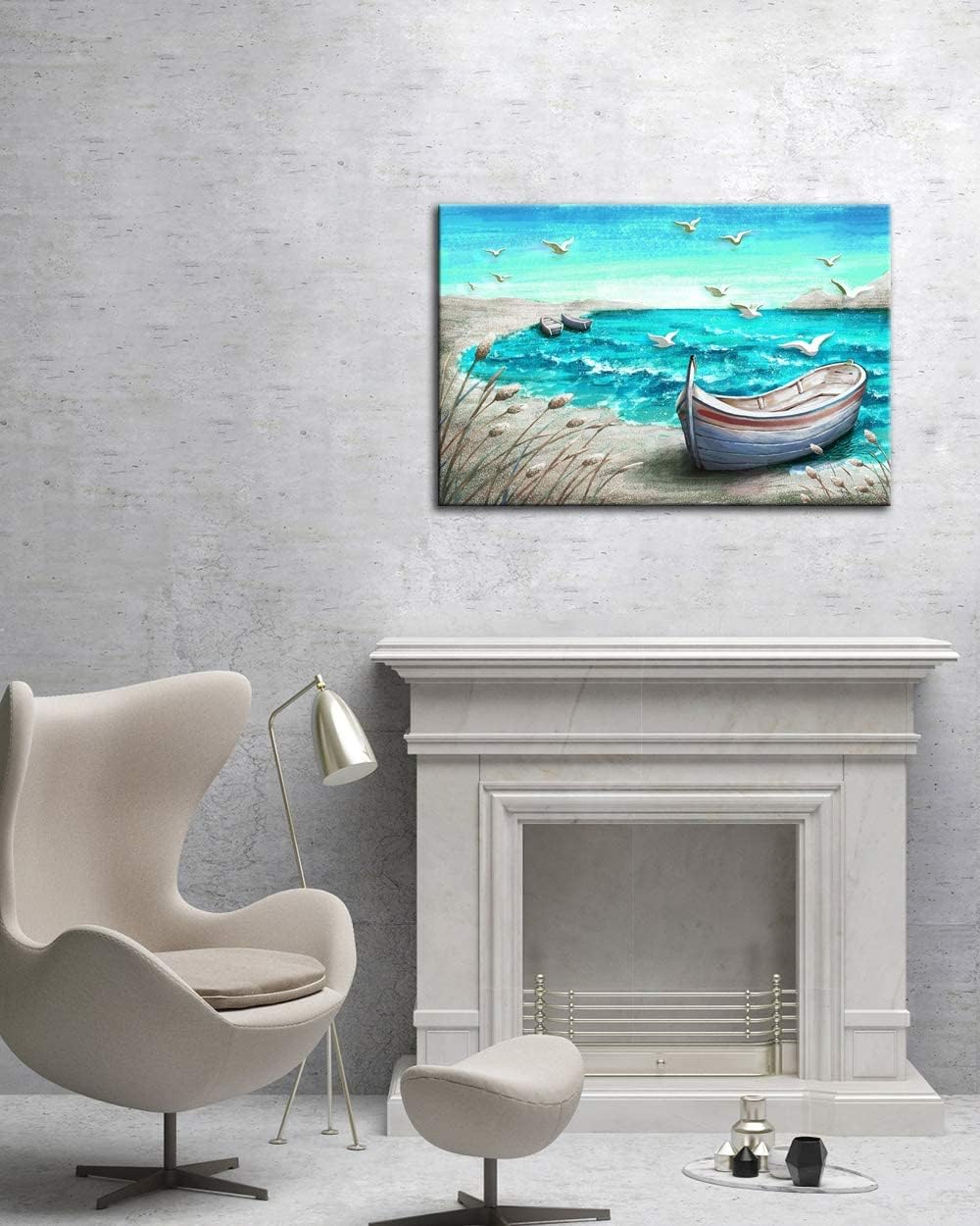 Canvas Wall Art Abstract Ocean Boat Painting Seascape Picture Prints Stretched and Framed 16x24Inch M4596