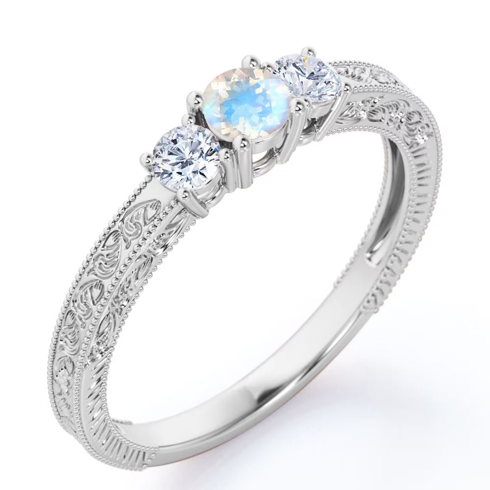18K White Gold Plated Rainbow Moonstone and Moissanite Engagement Ring G34915