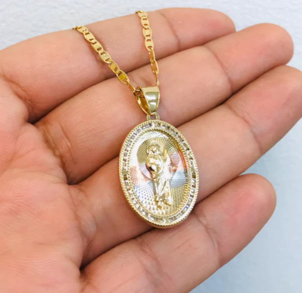 14K Gold Filled San Judas Necklace Tri-Color with CZ Stones 20" 28x20mm N739