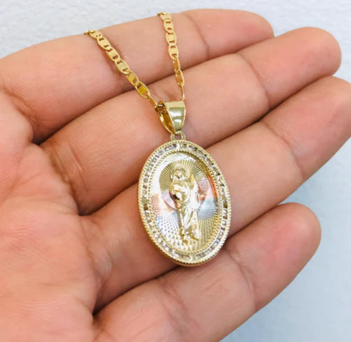 14K Gold Filled San Judas Necklace Tri-Color with CZ Stones 20" 28x20mm N739