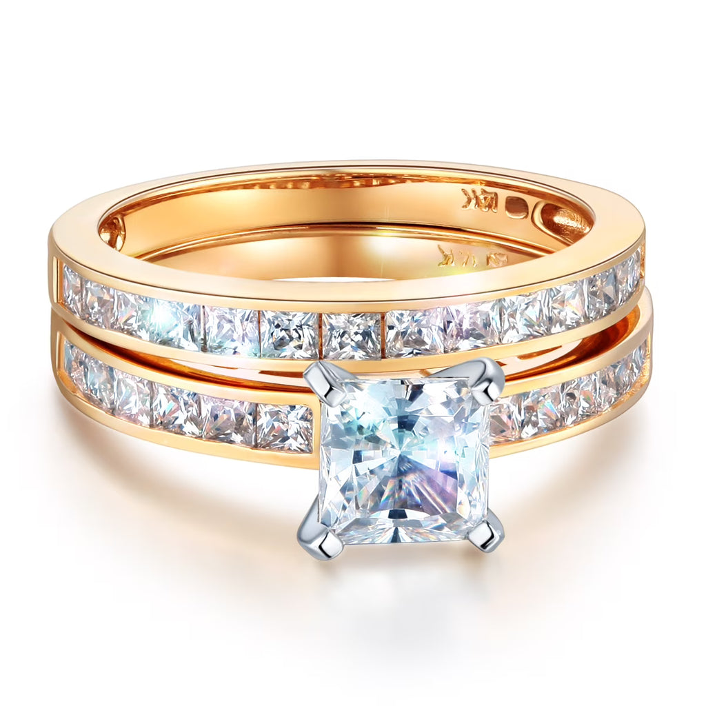 14k Yellow Gold CZ Princess Cut Engagement Ring Bridal Set - Size 9 P6742