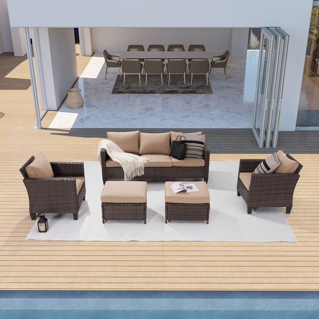 5-Piece Patio Sofa Set Brown Rattan Outdoor Furniture Three-Seat Sofa Ottomans J40445