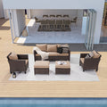 5-Piece Patio Sofa Set Brown Rattan Outdoor Furniture Three-Seat Sofa Ottomans J40445