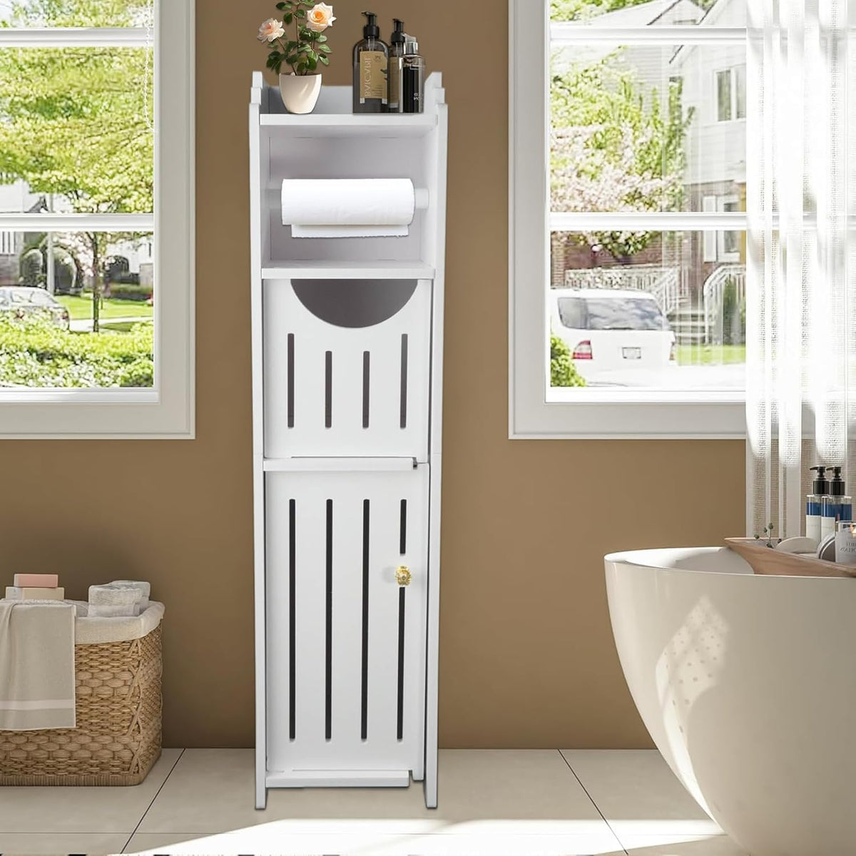 White Narrow Bathroom Storage Cabinet with Toilet Paper Holder T352
