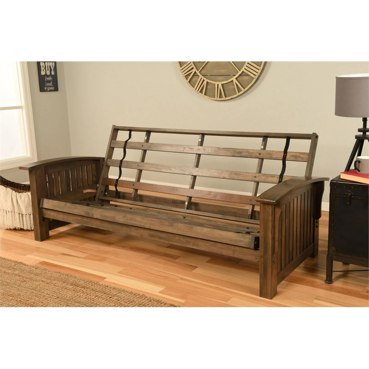 Rustic Walnut Futon with Linen Stone Gray Mattress F6206