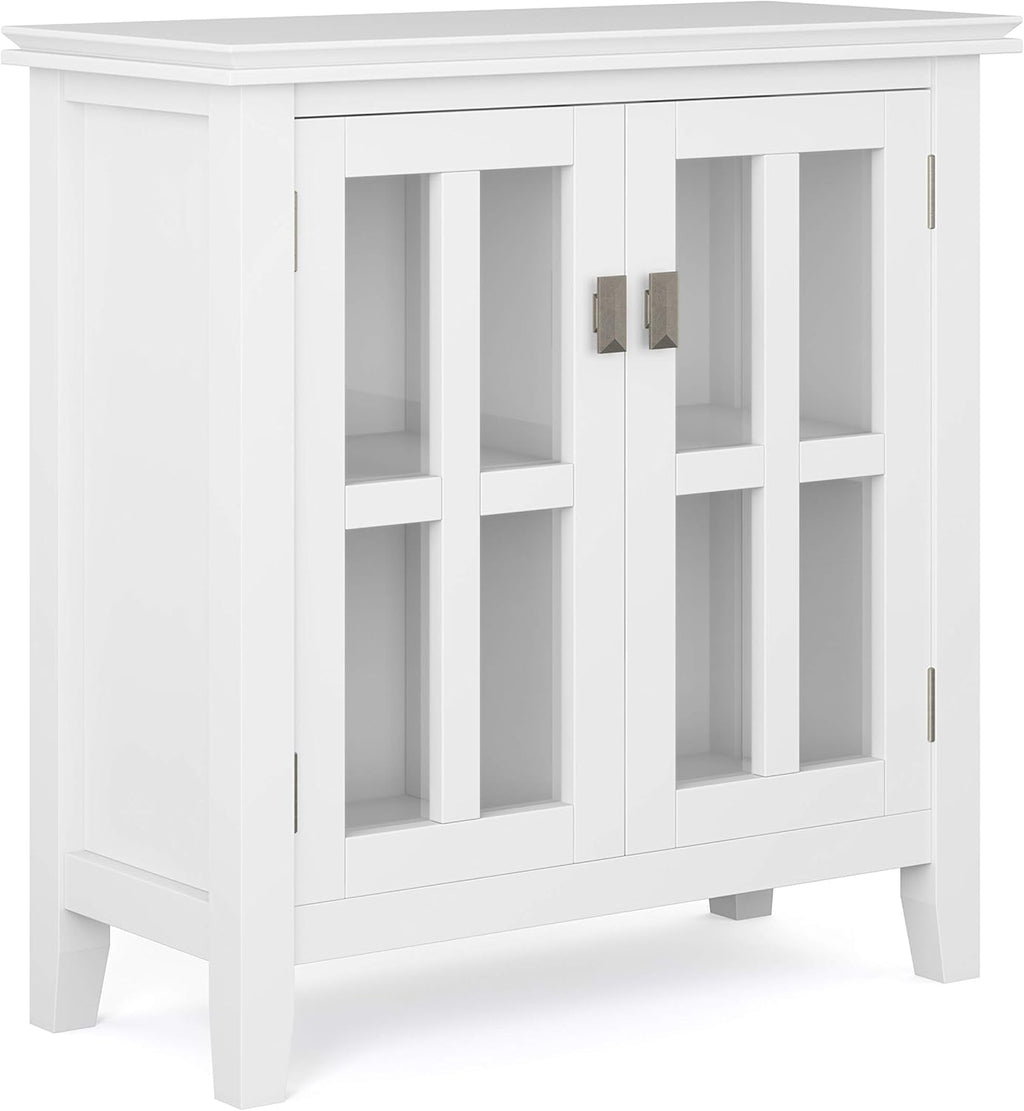 White 30 inch Solid Wood Low Storage Cabinet with 2 Tempered Glass Doors and 2 Adjustable Shelves R836233