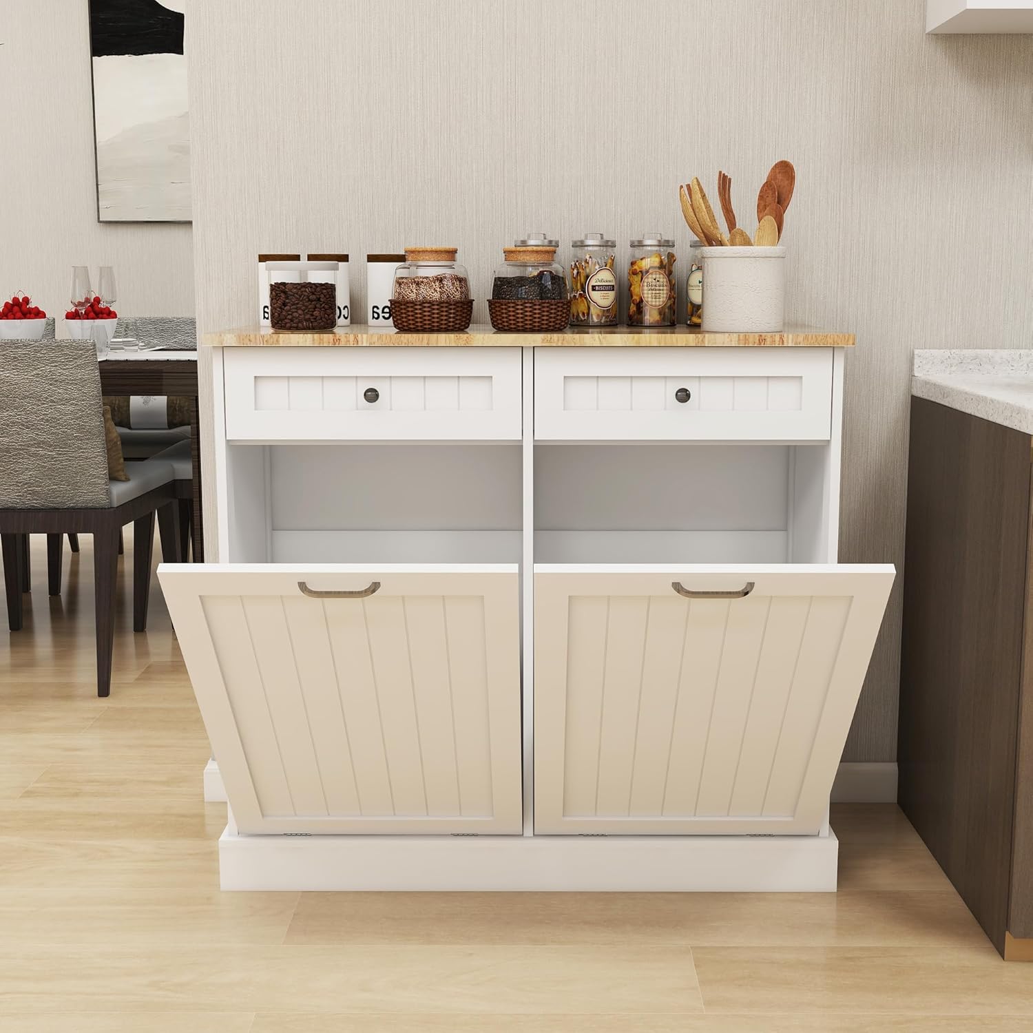 Double Tilt Out Trash Cabinet with Wood Tabletop K7466