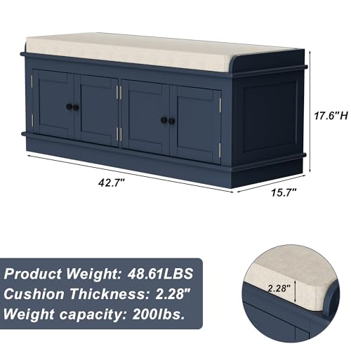 White 43.7" Storage Drawers and 2 Cabinets Shoe Bench with Removable Cushion N607890