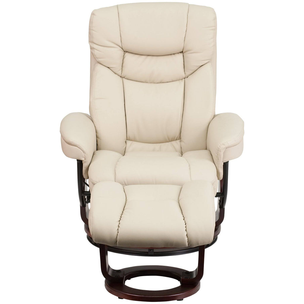 Beige Multi Position Recliner with Curved Ottoman and Swivel Wood Base I207983