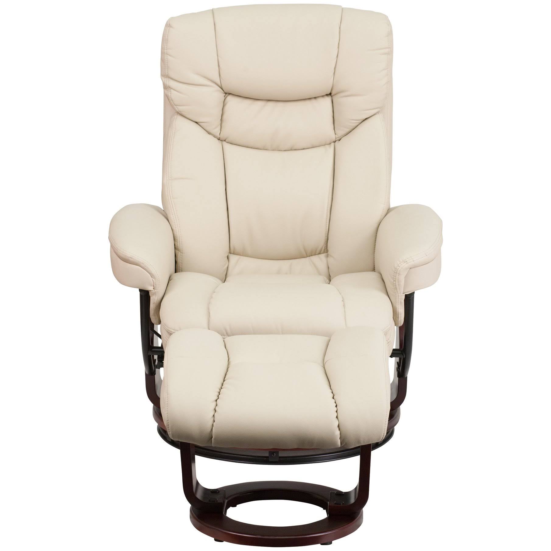 Beige Multi Position Recliner with Curved Ottoman and Swivel Wood Base I207983