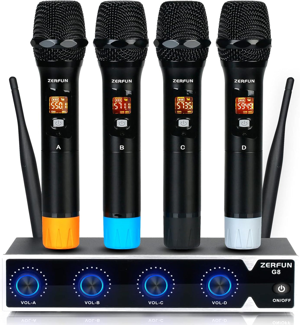 4-Channel UHF Wireless Microphone System with XLR 1/4 1/8 Output, All Metal Handheld Karaoke Cordless Microphones L80798