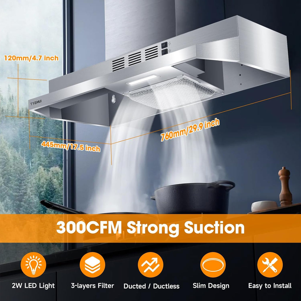 Stainless Steel Under Cabinet Ductless Range Hood, 300 CFM Z5743