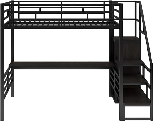 Full Size Metal Loft Bed with Desk and Wardrobe D429379