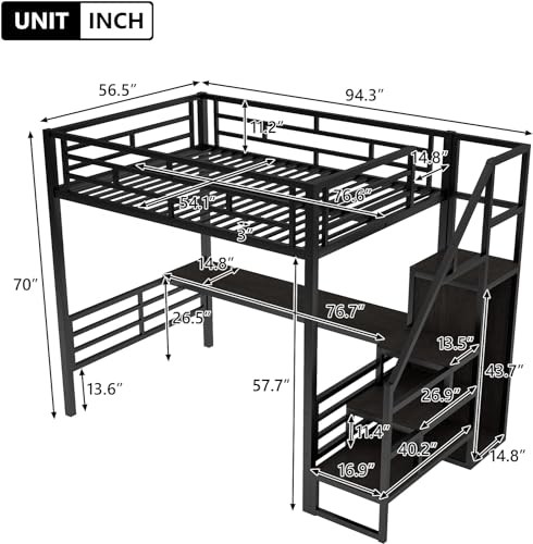 Full Size Metal Loft Bed with Desk and Wardrobe D429379