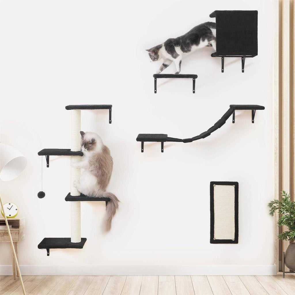 5pcs Wooden Cat Wall Shelves with Bridge, Steps, and Scratcher Q951837