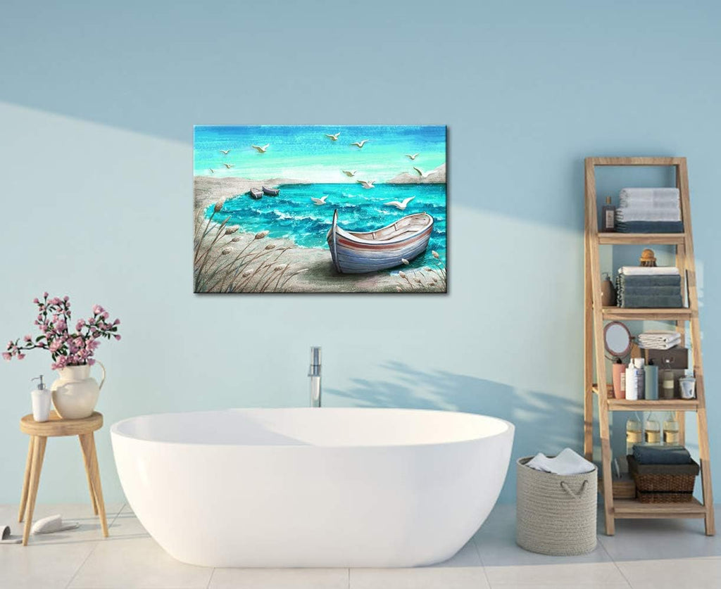 Canvas Wall Art Abstract Ocean Boat Painting Seascape Picture Prints Stretched and Framed 16x24Inch M4596