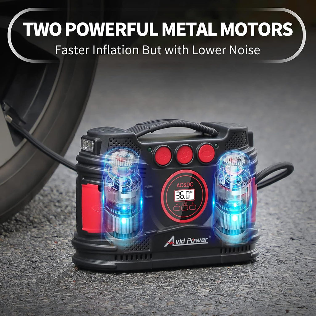 AC/DC Tire Inflator Portable Air Compressor with Dual Motors Digital Gauge LED Light Pack of 2 V21605