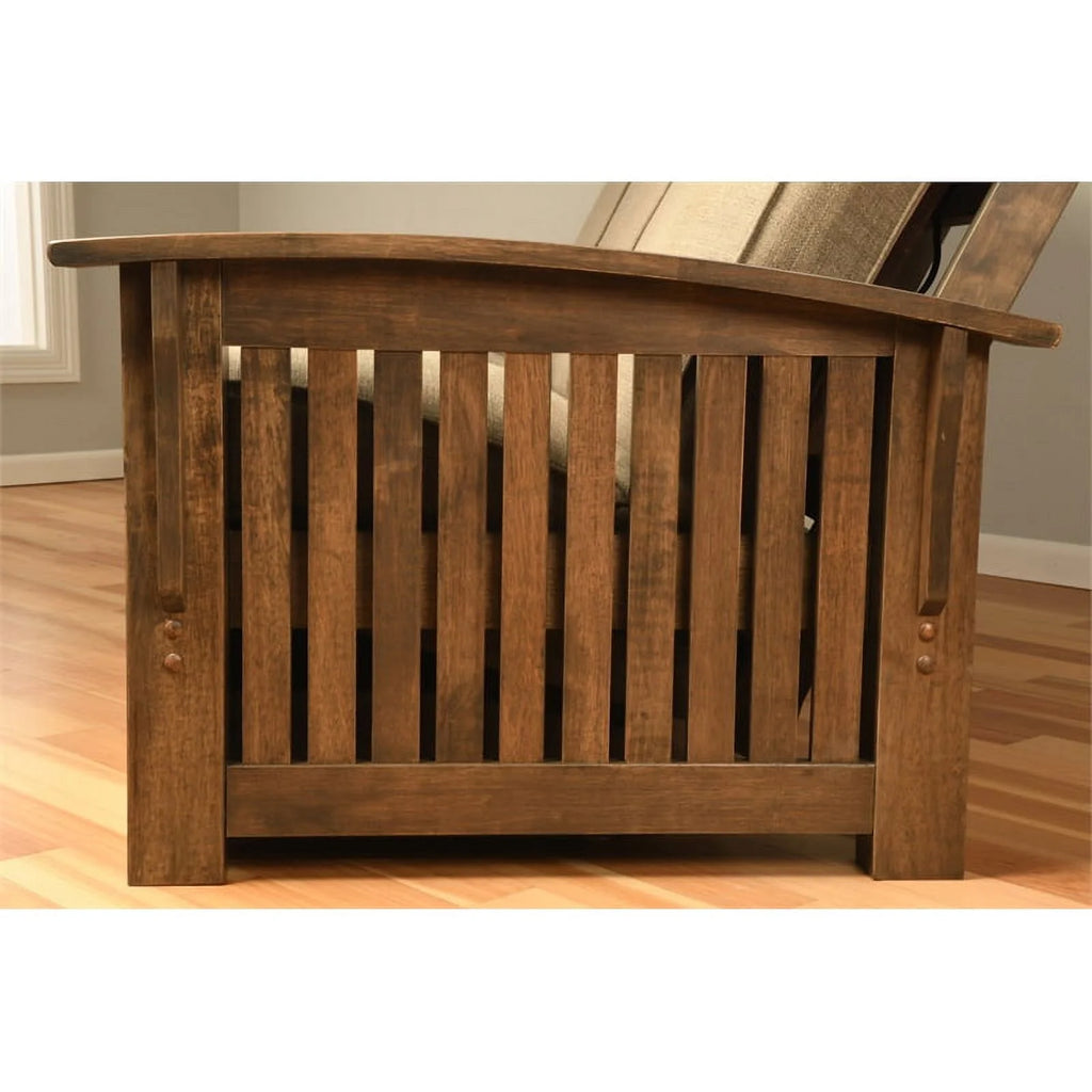 Rustic Walnut Futon with Linen Stone Gray Mattress F6206