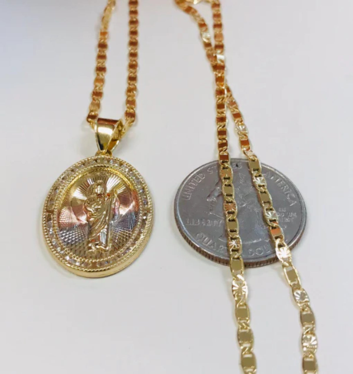 14K Gold Filled San Judas Necklace Tri-Color with CZ Stones 20" 28x20mm N739