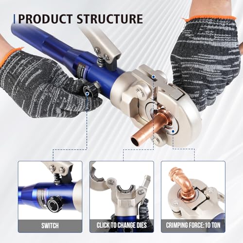 Hydraulic Copper Tube Crimping Tool with 1/2, 3/4 and 1-inch Jaw F10834