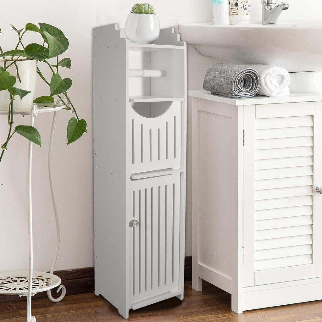 White Narrow Bathroom Storage Cabinet with Toilet Paper Holder T352