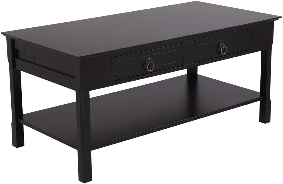 Retro Cocktail Table Coffee, Solid Wood Coffee Table with Caster Wheels and Drawer, 1 Shelf, Wood Movable Rectangle Coffee Table Y5992