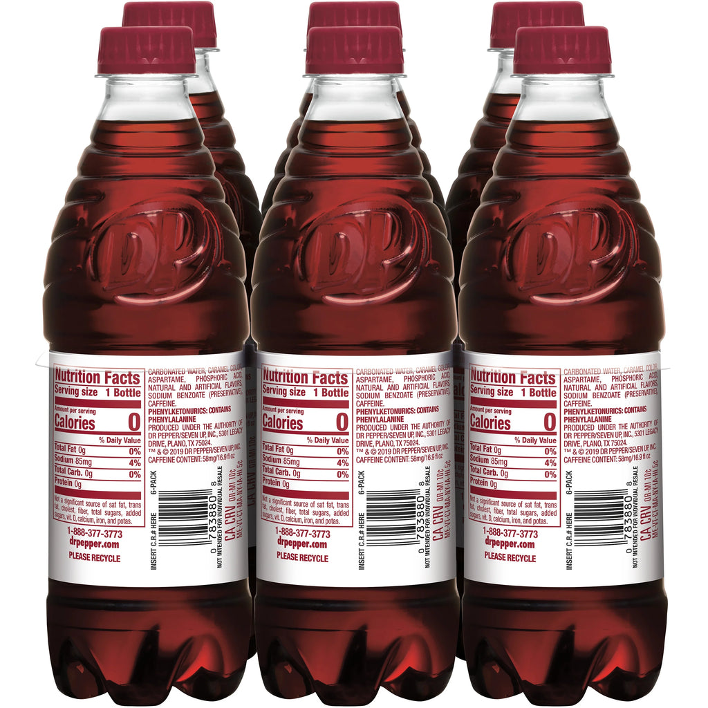 Diet Dr Pepper Soda Pop, 16.9 fl oz, 6 Pack Bottles W76927