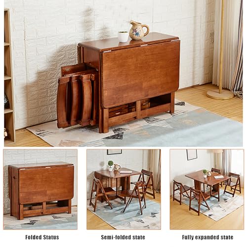 Solid Wood Drop Leaf Folding Dining Table with Drawers and Wheels C535983