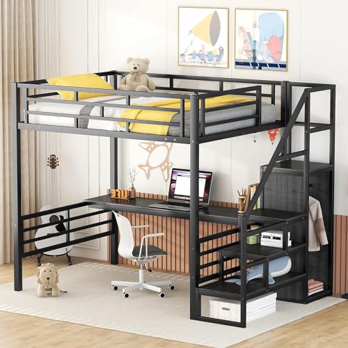 Full Size Metal Loft Bed with Desk and Wardrobe D429379
