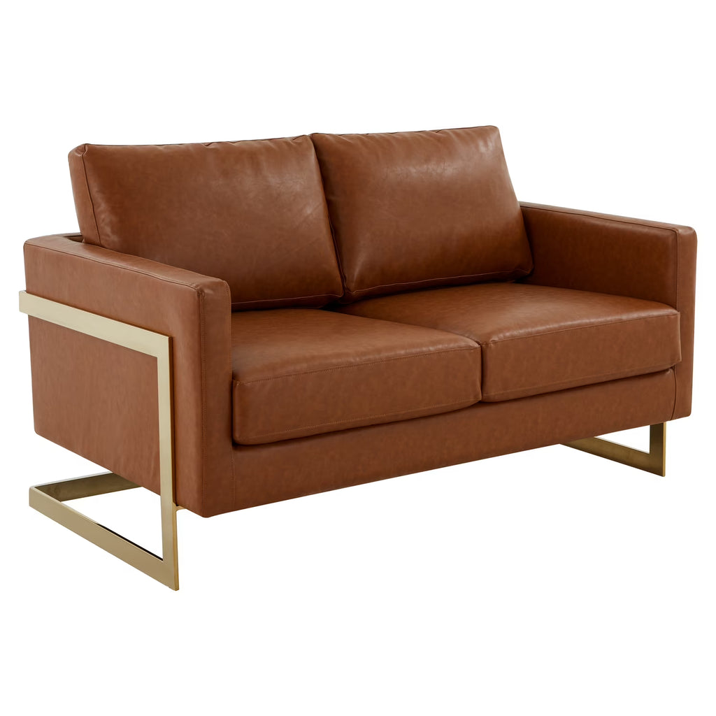 Modern Mid-Century Upholstered Leather Loveseat with Gold Frame Q238479