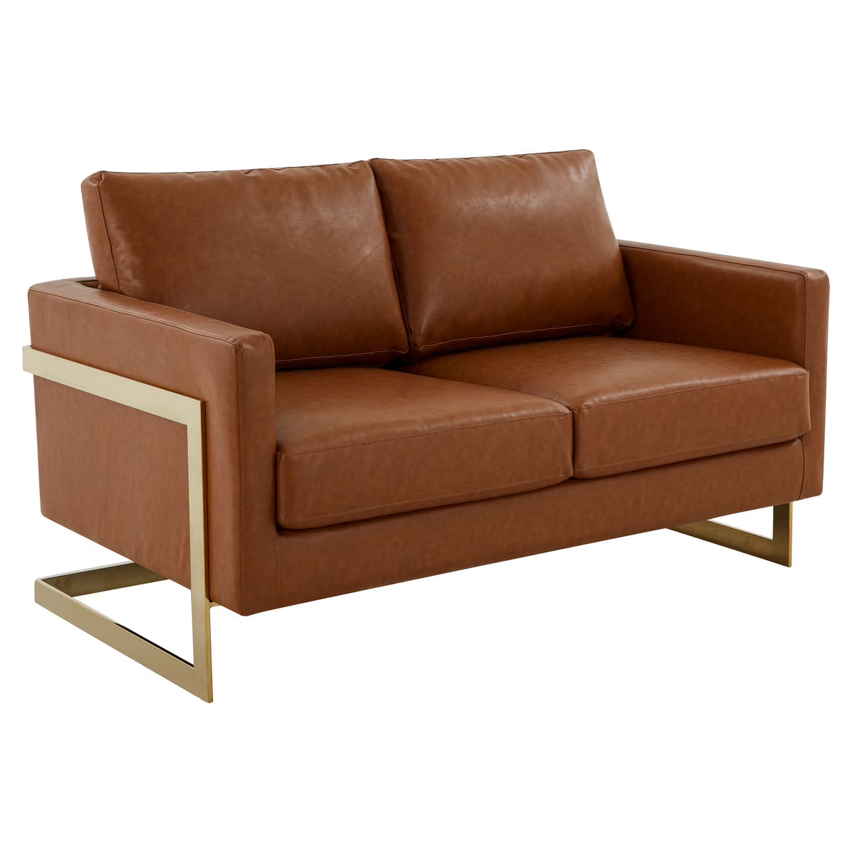 Modern Mid-Century Upholstered Leather Loveseat with Gold Frame Q238479