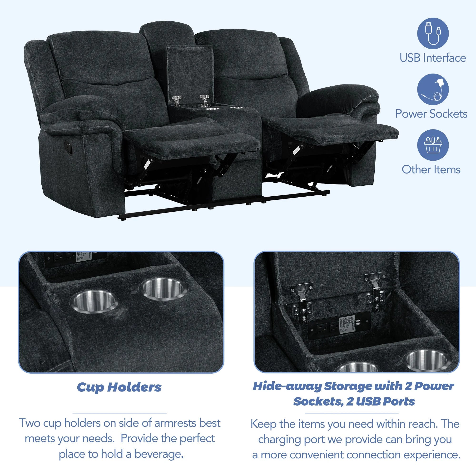 Dark Blue Manual Reclining Sofa with Storage K864028