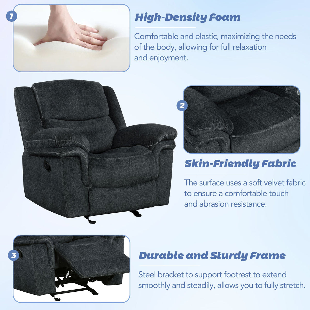 Dark Blue Manual Reclining Sofa with Storage K864028