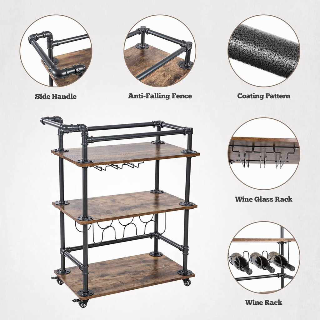 3-Tier Bar Serving Cart with Wheels and Lockable Casters A322