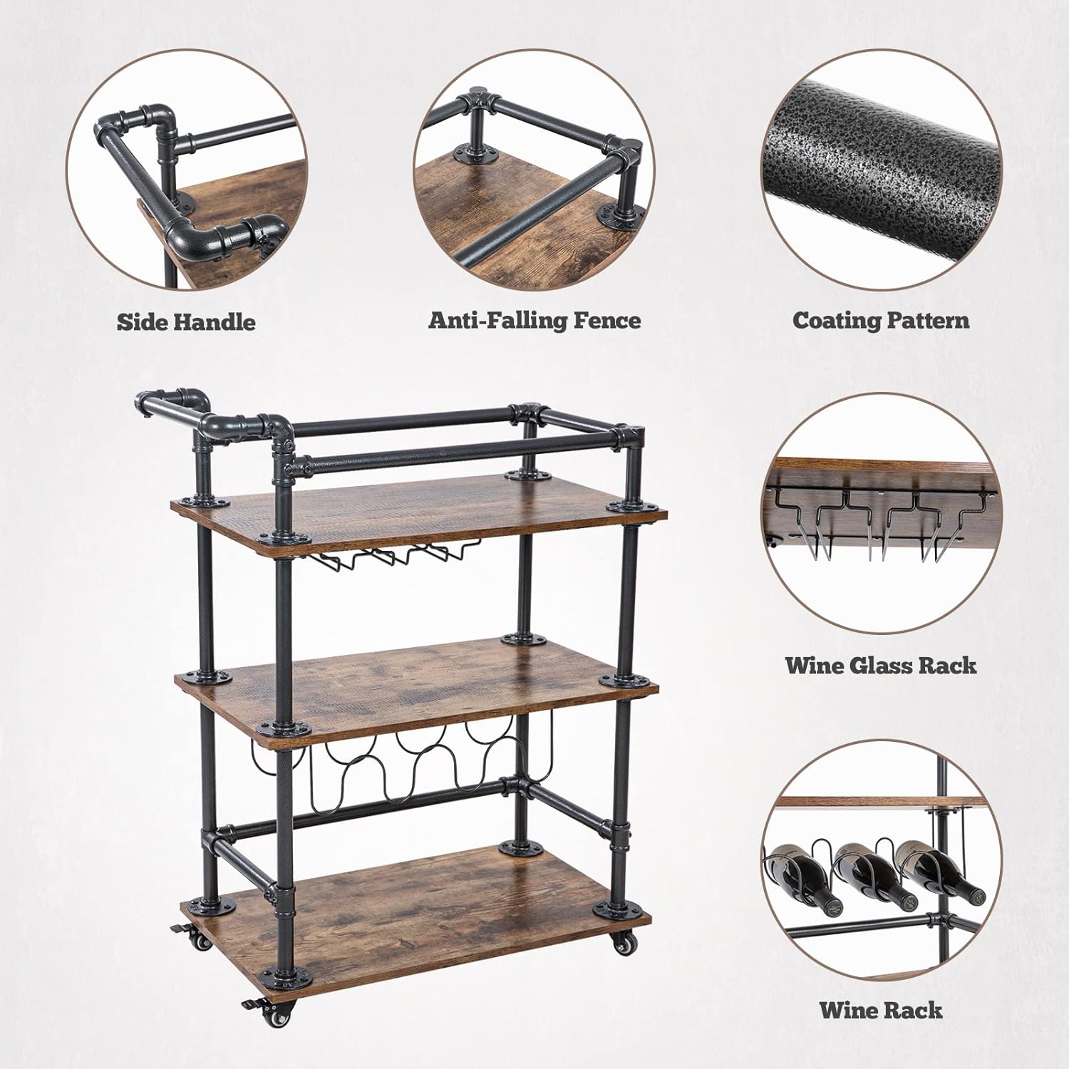 3-Tier Bar Serving Cart with Wheels and Lockable Casters A322